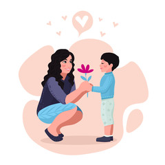 Daughter gives a flower to mom. Vector illustration of a flat design.