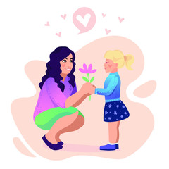 Daughter gives a flower to mom. Vector illustration of a flat design.