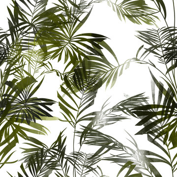 imprints palm leaves mix repeat seamless pattern. digital hand drawn picture with watercolour texture. mixed media