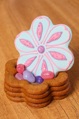 Homemade Ginger Cookies in the shape of Jewelry box on the wooden background. Closeup view.