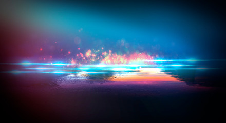 Wet asphalt, reflection of neon lights, a searchlight, smoke. Abstract light in a dark empty street...