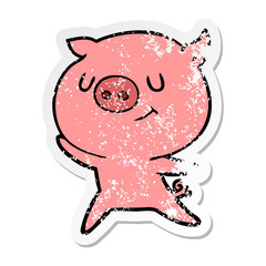 distressed sticker of a happy cartoon pig