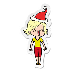 sticker cartoon of a happy woman wearing santa hat