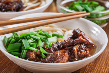 Japanese Udon noodles with beef, green onion and soup