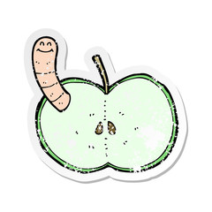 retro distressed sticker of a cartoon apple with worm