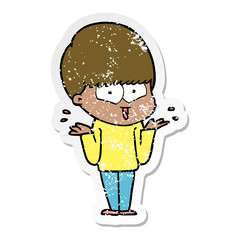 distressed sticker of a cartoon happy boy