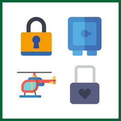 4 private icon. Vector illustration private set. safebox and helicopter icons for private works