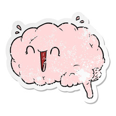distressed sticker of a cartoon brain laughing