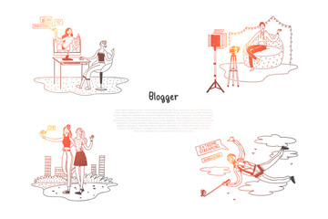 Blogger - girls and boys bloggers making photoes and videos for their blogs vector concept set