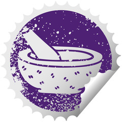 quirky distressed circular peeling sticker symbol pestle and mortar