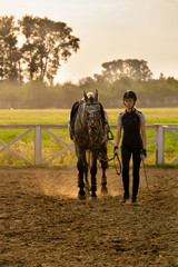 Beautiful girl jockey stand next to her horse wearing special uniform on a sky and green field background on a sunset