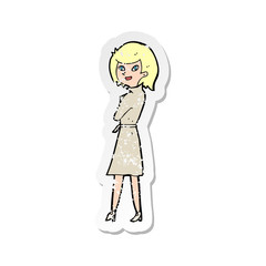 retro distressed sticker of a cartoon woman in trench coat