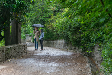 A woman and a girl teenager, mother and daughter are walking under an umbrella in the park.