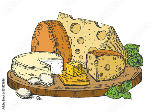Plate of cheese color sketch engraving vector illustration. Scratch board style imitation. Hand drawn image.