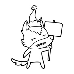 line drawing of a wolf with sign post showing teeth wearing santa hat