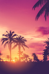 Naklejka na ściany i meble Tropical palm tree with colorful bokeh sun light on sunset sky cloud abstract background.