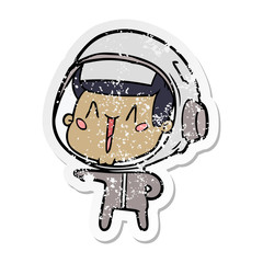 distressed sticker of a happy cartoon astronaut pointing