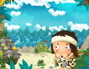 cartoon stone age scene with cavemen living near sea shore hunting and fishing - illustration for the children