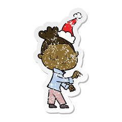 distressed sticker cartoon of a calm woman wearing santa hat