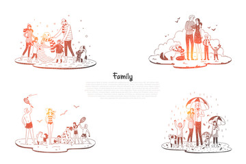 Family - parents and children walking and playing with each other in all seasons vector concept set