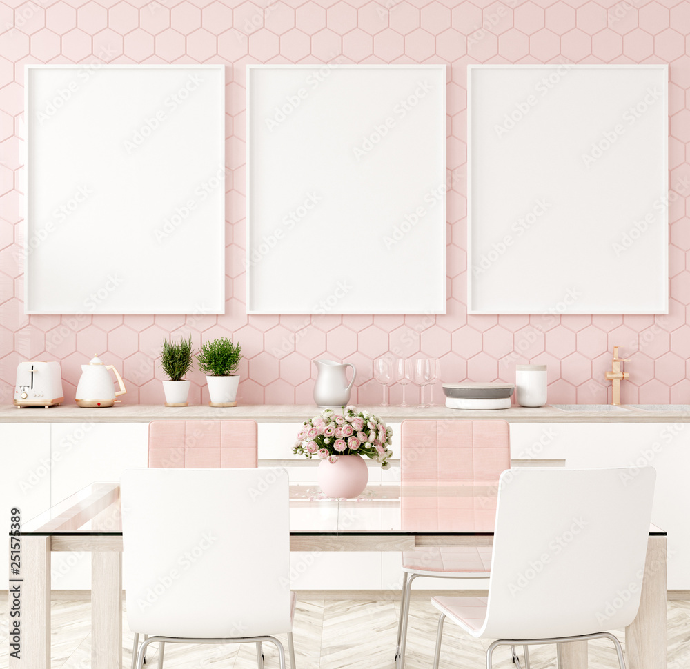 Wall mural mock up poster frame in pastel pink kitchen interior, 3d render