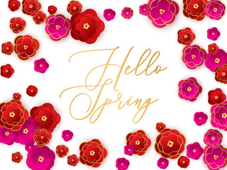 Hello spring banner, red flowers background.