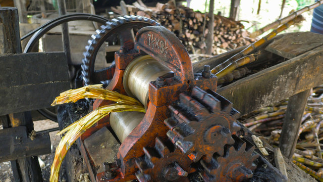 Machine used to crush raw sugar cane for its juice