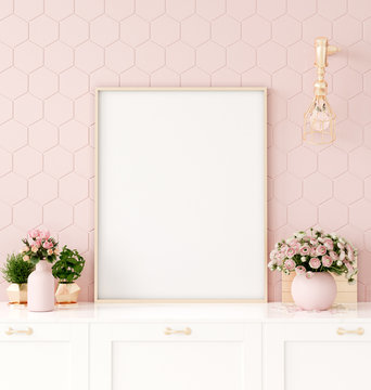 Mock up poster frame in pastel pink kitchen interior, 3d render