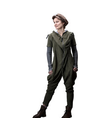 Young woman in a green jumpsuit in a cap and glasses posing in the studio isolated on a white background.