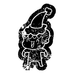 cartoon distressed icon of a laughing boy wearing santa hat