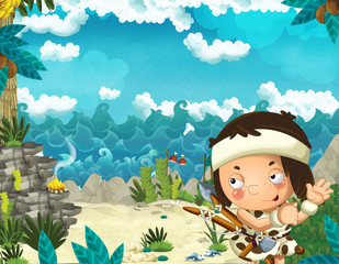 cartoon stone age scene with cavemen living near sea shore hunting and fishing - illustration for the children