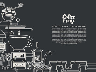 Vector banner on coffee theme with a cup of freshly brewed coffee, plant with conveyor coffee production, inscription Coffee House and place for text in retro style. Drawing chalk on the blackboard