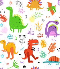 Seamless pattern with dinosaurs and flowers