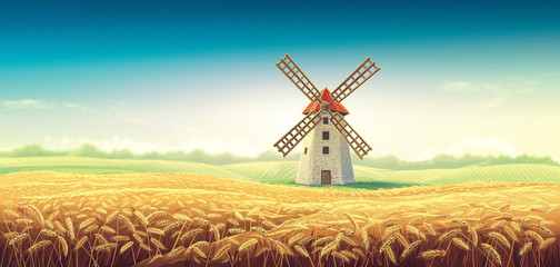 Rural summer landscape with windmill and wheat field. Raster illustration. © Rustic