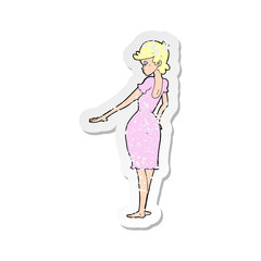 retro distressed sticker of a cartoon pretty woman looking at nails
