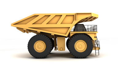 Huge empty mining dump truck isolated on white background. Right side view. Eye level. 3d illustration.