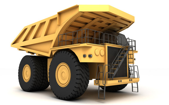 Huge empty mining dump truck isolated on white background. Perspective. Front side view. Right side. 3d illustration.