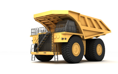 Huge empty mining dump truck isolated on white background. Perspective. Front side view. Low angle. Left side. 3d illustration. © Evgenii Iakovenko