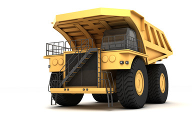 Naklejka premium Huge empty mining dump truck isolated on white background. Perspective. Front side view. Low angle. Left side. 3d illustration.