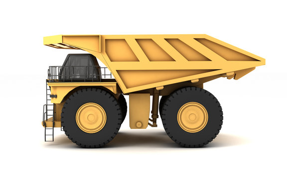 Huge empty mining dump truck isolated on white background. Left side view. Eye level. 3d illustration.