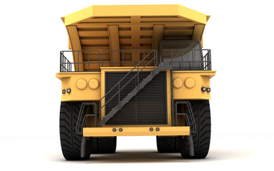Huge empty mining dump truck isolated on white background. Front view. Low angle. 3d illustration.