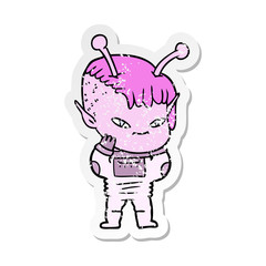 distressed sticker of a cute cartoon alien girl