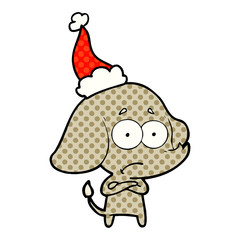 comic book style illustration of a unsure elephant wearing santa hat