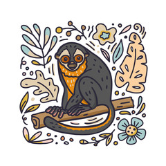 Hand drawn doodle style night monkey with floral elements. Vector illustration.
