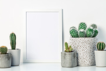 White shelf at home. Cactus decoration in concrete and ceramic pots. White empty frame mockup. Space for text or graphics