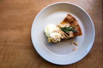 Apple pie cake on wooden table, flat lay