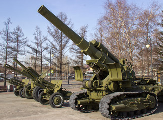 Russia, Krasnoyarsk, February 2019: The Victory Park. Samples of military equipment of the great...
