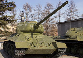 Russia, Krasnoyarsk, February 2019: The Victory Park. Samples of military equipment of the great Patriotic war.