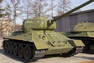 Russia, Krasnoyarsk, February 2019: The Victory Park. Samples of military equipment of the great...
