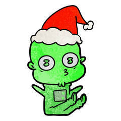 textured cartoon of a weird bald spaceman wearing santa hat